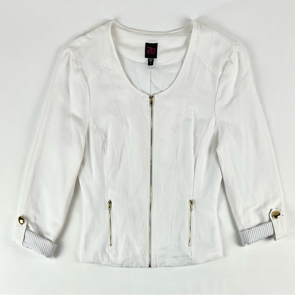 Bebe 2B White Linen Roll-Tab Sleeve Zip Jacket